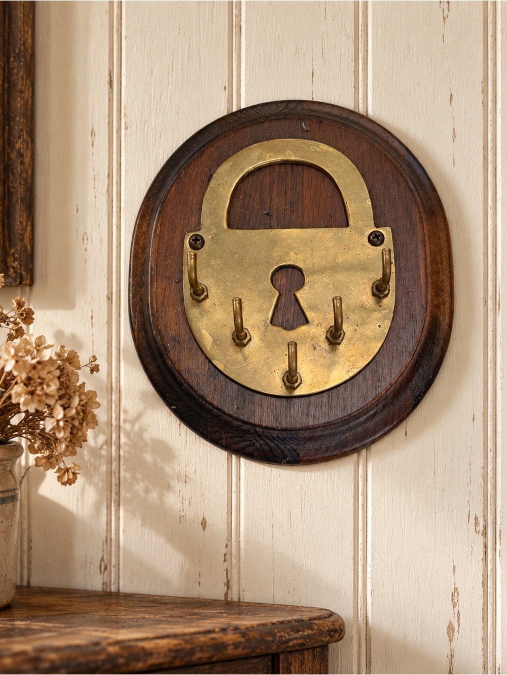 Vintage Brass Padlock Key Holder Round Wood Wall Plaque 5 Hooks
